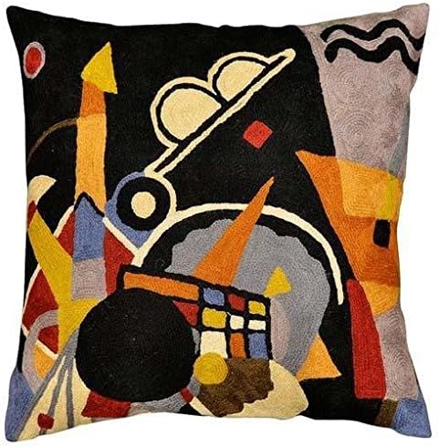 Kandinsky Grand Torre Kiev Pillow Cover Black Abstract Pillowcase Modern Couch Pillowsham Chair Cushions Handembroidered Wool 18x18 Inch-Ruum Studio Home