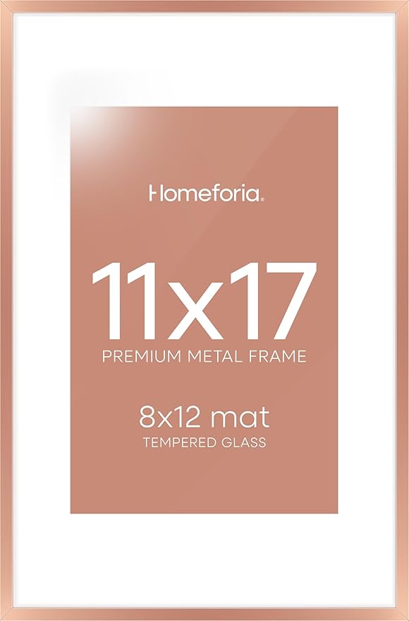 Homeforia 11x17 Picture Frame Rose Gold, High End Metal 11x17 Poster Frames with Mat 8x12 Photo, 11 x 17 Rose Gold Frames Matted to 8 by 12 Print, 17x11 Thin Frames, Tempered Glass, Wall Kit, Set of 1-Ruum Studio Home