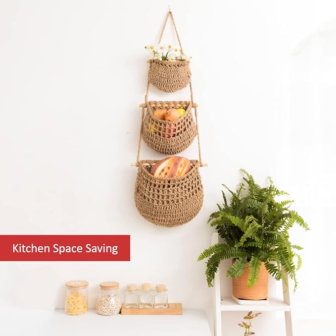 Hanging Fruit Basket, 3 Tier Woven Jute Wall Hanging Basket for Organizing, Hanging Produce Basket for Fruit & Vegetable Storage, Boho Kitchen Decor, Wall Basket Storage for Kitchen, Bedroom, Bathroom-Ruum Studio Home