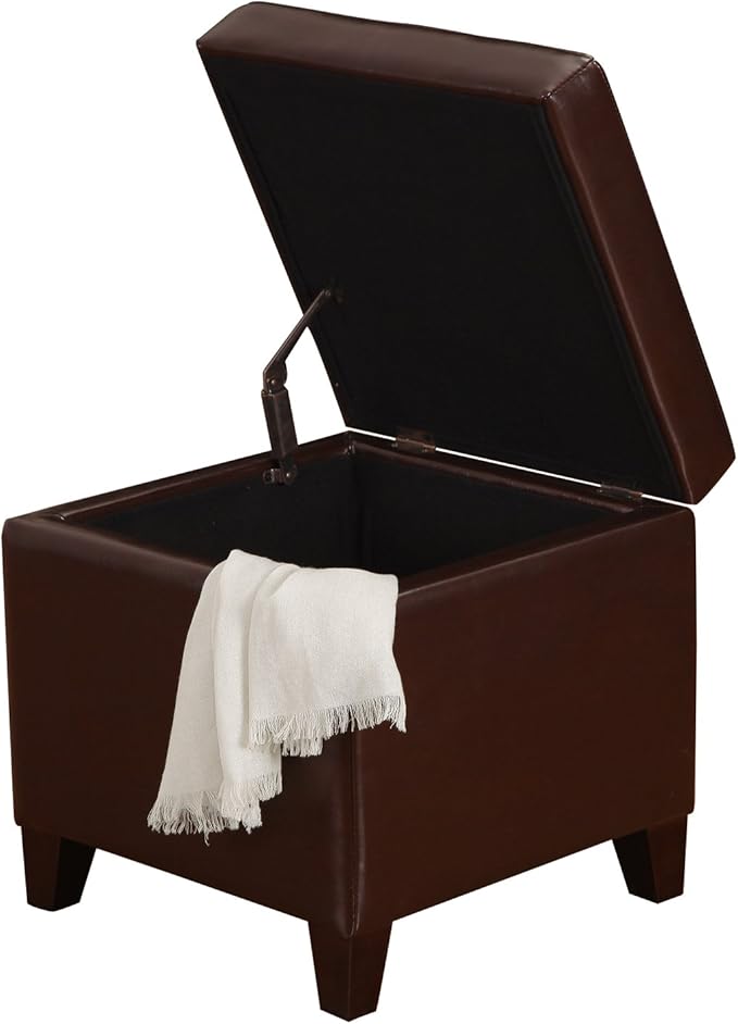 Adeco Bonded Leather Square Tufted Footstool, 18", Brown Storage Ottomans,-Ruum Studio Home