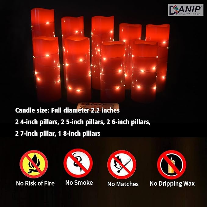 danip red flameless Candle, Built-in Star Cluster, 9 LED Candles, 11 Button Remote Control, 24-Hour Cycle Timer, Flashing Flame, Real Wax, Battery Powered. (Starry Sky Series)-Ruum Studio Home