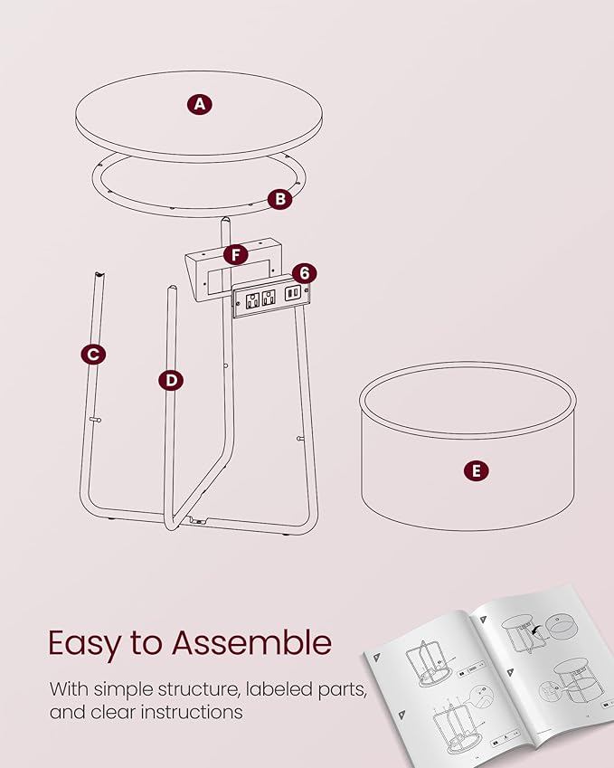 VASAGLE Side Table with Charging Station, Round End Table with Fabric Basket, Nightstand with Power Outlets, USB Ports, for Living Room, Bedroom, Modern, Jelly Pink and Cream White ULET228R01-Ruum Studio Home