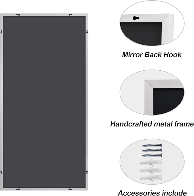 Silver Bathroom Mirror for Wall, 30x60 Inch Rectangle Mirrors with Metal Frame, Modern Vanity Large Wall Mirror for Bathroom Living Room, Entryway Hangs Horizontal or Vertical-Ruum Studio Home