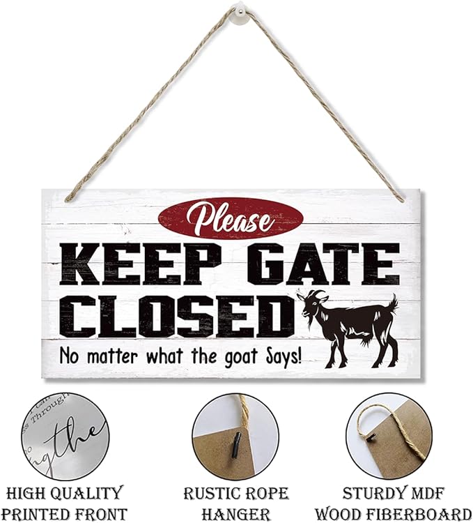 Warning Signs, Keep Gate Closed Goat Sign, Decorative Wood Hanging Wood Plaque, Warning Animal Goat Sign, Funny Novelty Caution Goat Sign for Farm Fence Decor, Farmhouse Home Decor, Gate Sign-Ruum Studio Home