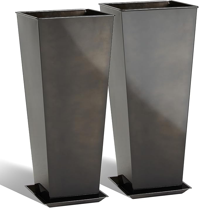 KOL 28''H. Tall Galvanized Steel Glazed Planter with Insert, Set of 2, Planter Pots for Indoor & Outdoor Use, Decorative Flower Plant Pots with Drainage Hole for Front Porch, Patio, Deck - Black-Ruum Studio Home