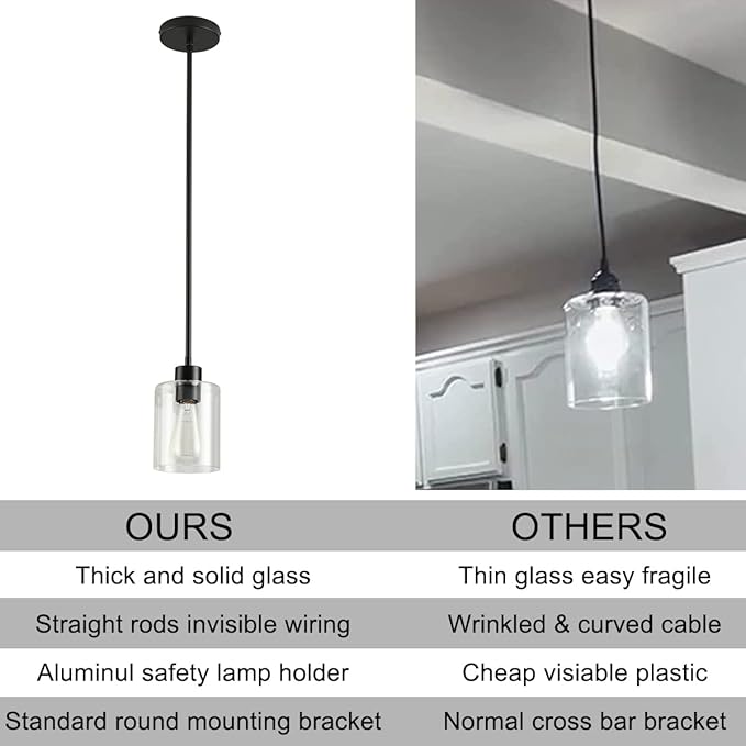 Black Pendant Lights Kitchen Island,Modern Farmhouse Glass Pendant Light,Light Fixture Kitchen Pendant Mini Hanging Light Fixture for Sink (Black 2 Pack Stem Rod)-Ruum Studio Home