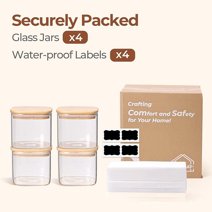 ComSaf 0.7 Qt Glass Food Storage Jars Set of 4, Clear Glass Storage Containers with Lids, Pantry Organization Jar, Spice Jar, Blooming Tea, Coffee and Sugar Container, Small Canister Set for Kitchen-Ruum Studio Home