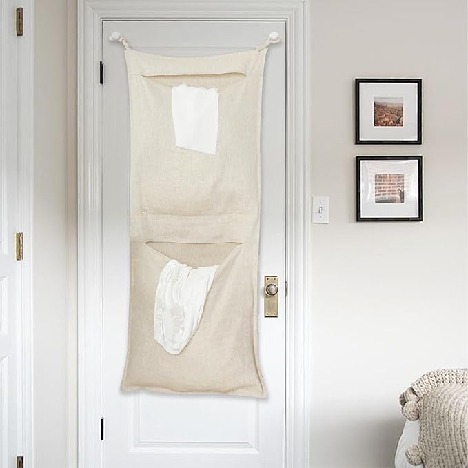 100% Linen Hanging Laundry Bag with 2 Compartments, Over the Door Laundry Hamper, Dirty Clothes Space Saving Organizer 19.7 x 47 Inches, Linen-Ruum Studio Home