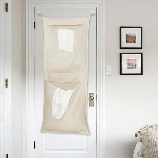 100% Linen Hanging Laundry Bag with 2 Compartments, Over the Door Laundry Hamper, Dirty Clothes Space Saving Organizer 19.7 x 47 Inches, Linen-Ruum Studio Home