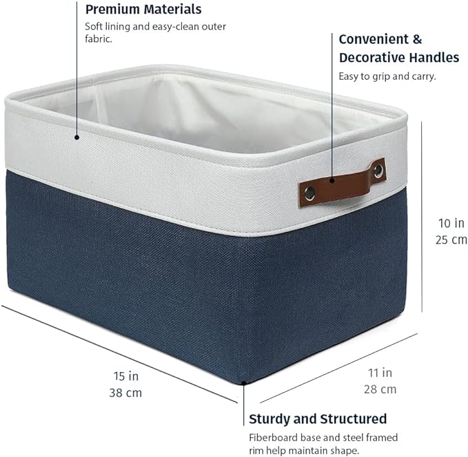 OrganiHaus Large Fabric Storage Bins for Shelves 3 Pack, 15x11in Closet Storage Bins for Shelves, Cloth Baskets & Closet Organizers, Fabric Basket, Navy Blue/White-Ruum Studio Home