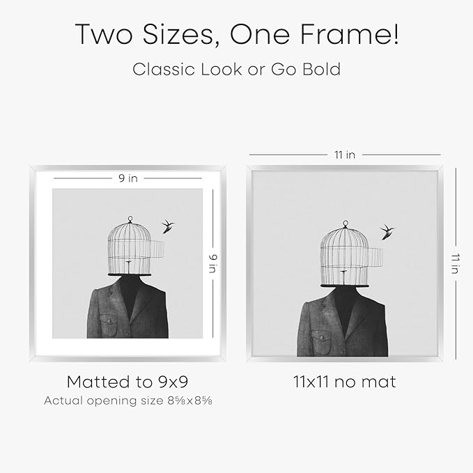 Homeforia 11x11 Picture Frame Silver, High End Metal 11 by 11 Square Frames with Mat 9 x 9 Photo, 11x11 Thin Poster Frame Matted to 9x9 inch Art, Wall Hanging Frame, Tempered Glass, Wall Kit, Set of 1-Ruum Studio Home