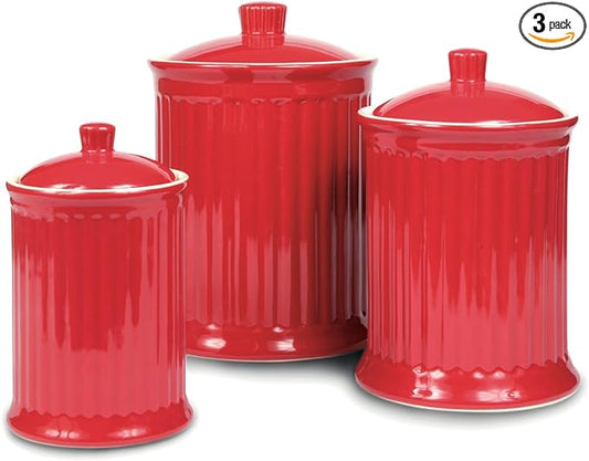 Omniware Simsbury 3-Piece Canister Set - Stoneware Kitchen Storage with Silicone-Sealed Lids, Lead-Free Glaze & Dishwasher Safe - Rustic Farmhouse-Style Flour & Sugar Containers (Red)-Ruum Studio Home