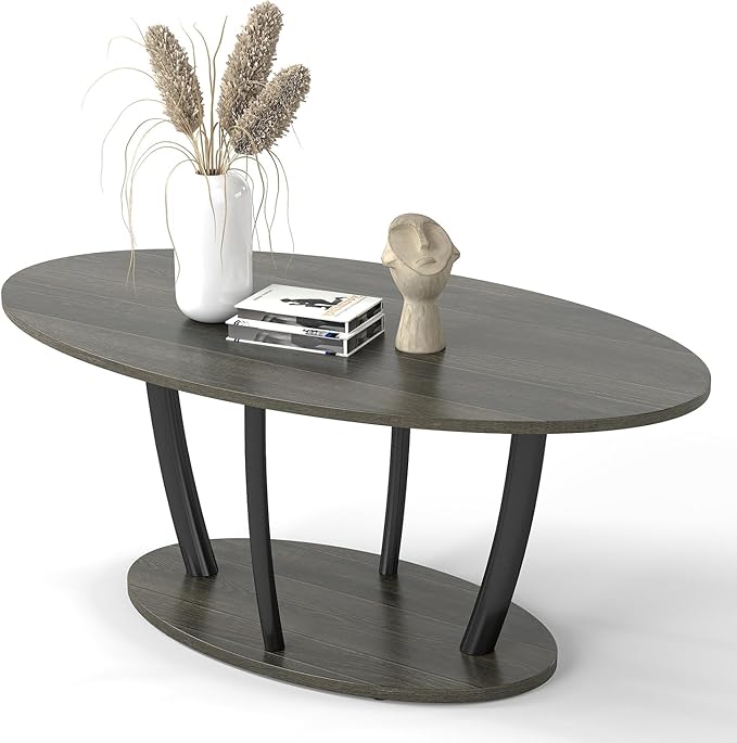Manora Small Oval Coffee Table with Storage, Rustic Farmhouse Industrial Center Table for Living Room, VintageTea Table for Small Spaces, Gray-Ruum Studio Home