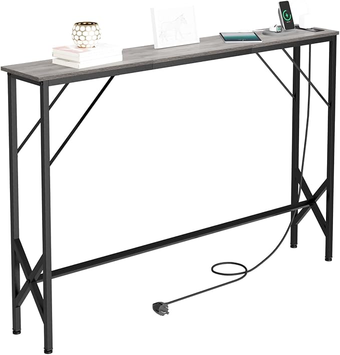 47.2'' Console Table, Skinny Entryway Table with Fast-Charging Station, Narrow Long Sofa Table, Behind Slim Couch Table for Entrance, Hallway, Living Room Decor ST-GY120-1-Ruum Studio Home