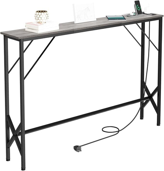 47.2'' Console Table, Skinny Entryway Table with Fast-Charging Station, Narrow Long Sofa Table, Behind Slim Couch Table for Entrance, Hallway, Living Room Decor ST-GY120-1-Ruum Studio Home