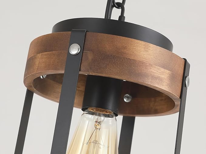 2 Pack Rustic Farmhouse Wood Pendant Light Fixture One-Light Adjustable Chain Oak Wood and Metal Drum Cage Small Pendant Lighting for Kitchen Island Sink Hallway Farmhouse Bathroom Bar, Black-Ruum Studio Home