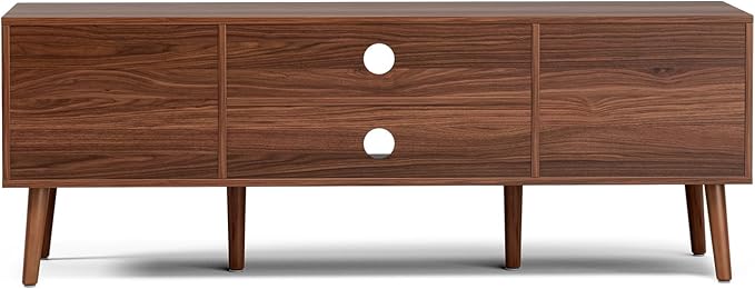 TV Stand for Living Room, Mid Century Modern Entertainment Center for 55/60/65 inch TVs, TV Console with Fluted Door Cabinets and Open Shelves, for Bedroom, Walnut-Ruum Studio Home