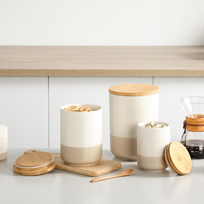 vancasso Sabine Ceramic Canister Set with Airtight Wood Lids - 3-Piece Kitchen Storage for Flour, Sugar, Coffee, Tea & Spices - Modern Countertop Decor-Ruum Studio Home