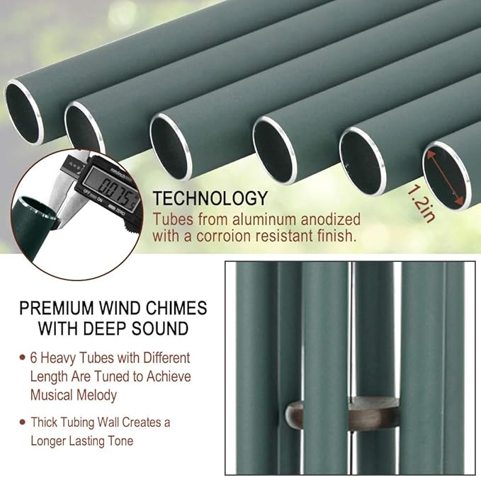 Wind Chimes Outdoor Large Deep Tone, 44 Inches Sympathy Wind Chimes Tuned Soothing Melody, Memorial Wind-Chime with 6 Heavy Tubes for Outside Decoration, Garden/Yard. Green-Ruum Studio Home