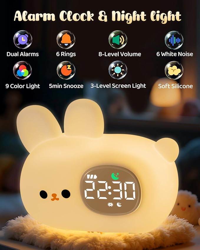 Bunny Alarm Clock for Kids with Night Light, Sleep Training Clock Time to Wake Clock, Rechargeable Silicone Light for Bedroom, Perfect Sleep Companion for Boys Girls-Ruum Studio Home