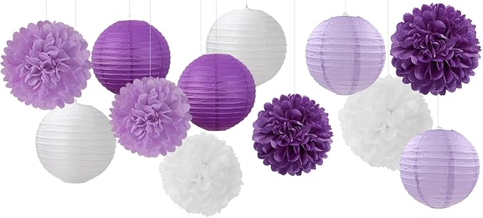Purple-White Lavender Party Decorations Paper Flowers Lanterns - 15PCS Birthday Graduation Tissue Pom Poms Streamers, Baby Bridal Shower Wedding Retirement Bachelorette Hanging Supplies Decor Hugfond-Ruum Studio Home