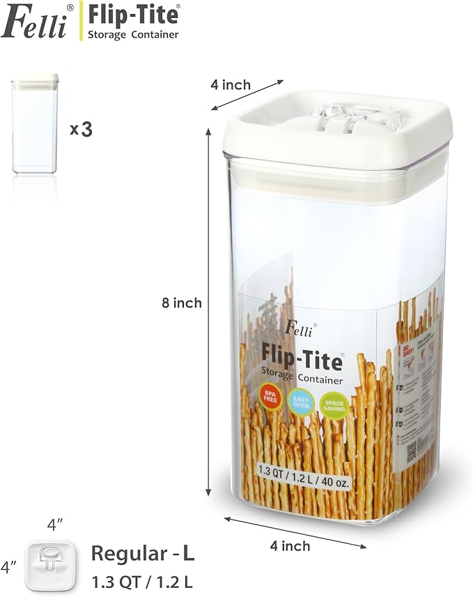 Felli Flip Tite Food Storage Container with Lid Airtight 4" Ring Seal Flip Top, Stackable Acrylic Canister Jar for Pantry Kitchen Counter, Snack Coffee Bean Granola Pet Treats Cracker Holder (1.3 qt)-Ruum Studio Home