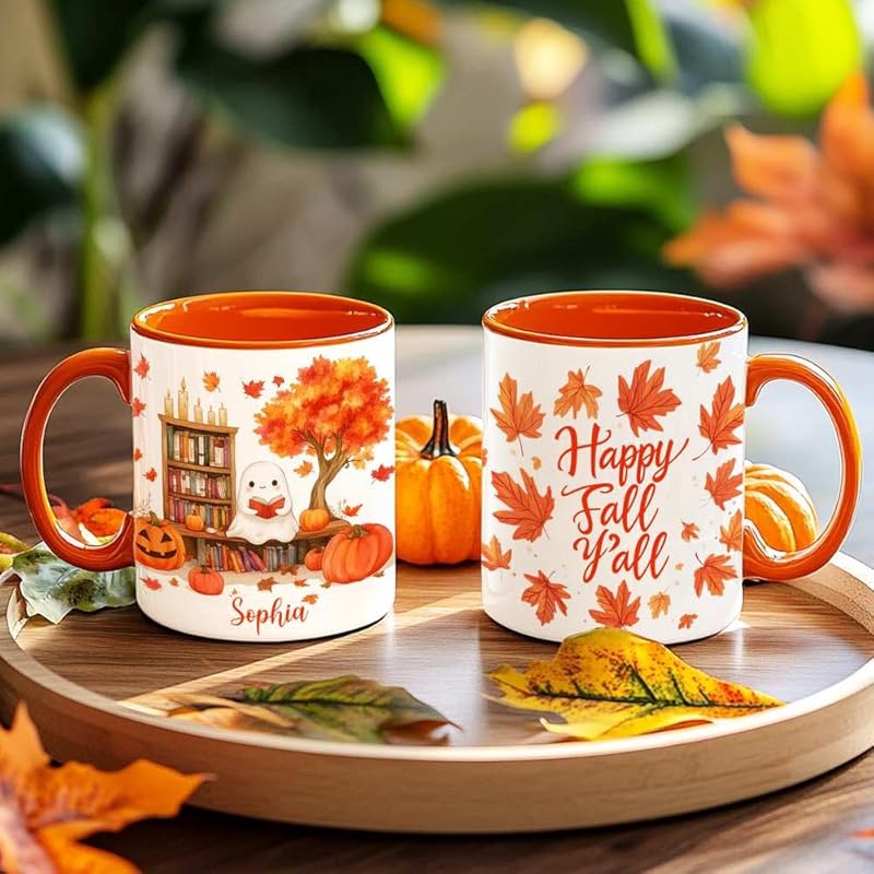 Personalized Fall Ghost Coffee Mugs - Ghost Lover Mugs Gift for Women Men - Fall Autumn Decor Gifts For Home Farmhouse Thanksgiving - Happy Fall Y'all Mug - 11oz Printed Ceramic Mug-Ruum Studio Home