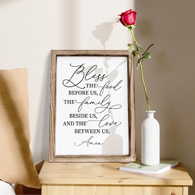 Christian Wooden Wall Sign, Dining Room Decors, Farmhouse Decor for Kitchen, Rustic Home Decor, Framed Wall Plaque Sign 15 * 11.5 inches, Bless the Food Before Us-Ruum Studio Home