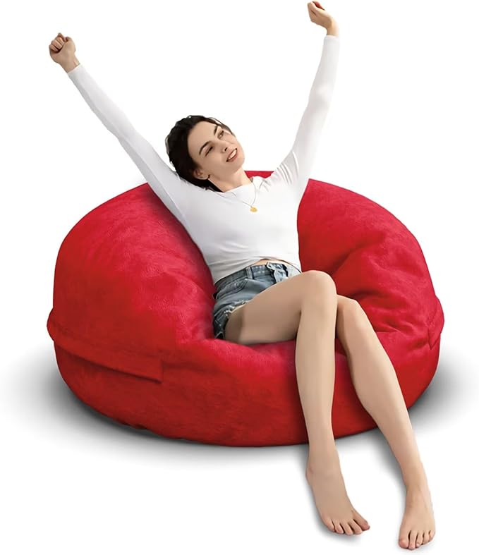 Bean Bag Chair for Adults 3FT,Soft Removable Cover for Teens/Girls Bedroom,Fluffy Giant Round Floor Beanbag Lounger Chairs (No Filler,Big Red)-Ruum Studio Home