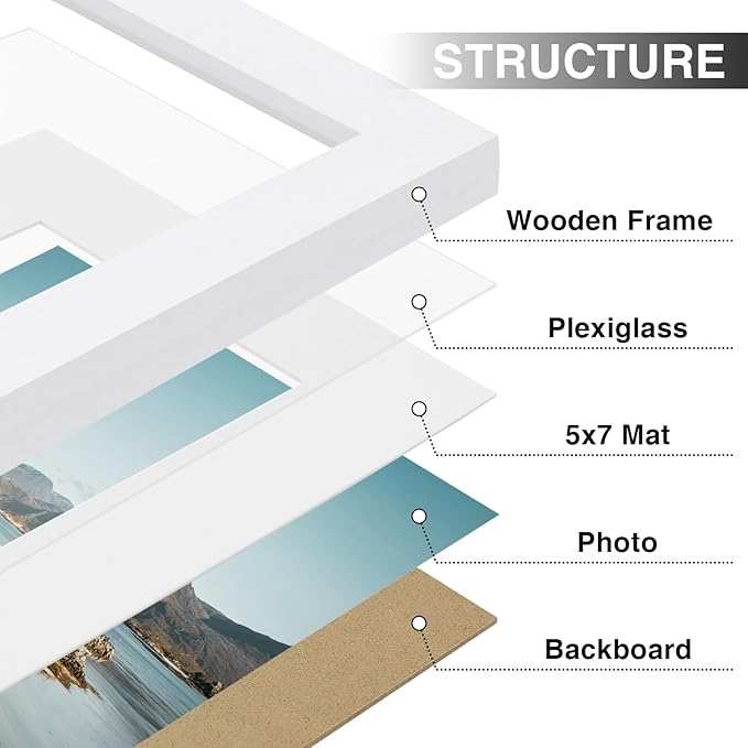 Vittanly 8x10 Picture Frames Set of 9, Shatter Resistant Plexiglass, Display 5x7 Pictures with Mat or 8x10 without Mat, Photo Frames for Wall or Tabletop, Engineered Wood, White-Ruum Studio Home