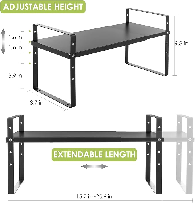 Expandable Cabinet Shelf Organizer Rack, Stackable Kitchen Counter Storage Shelves Stand, Adjustable Height Pantry Shelf Spice Rack (Black, 1 Pack)-Ruum Studio Home