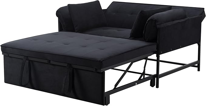 Pull Out Sofa Bed, 46” Futon Couch with Convertible Sleeper, Velvet Pull Out Couch with Adjustable Backrest, Small Sofa Bed with 2 Pillows for Living Room Office Guest Room, Black-Ruum Studio Home