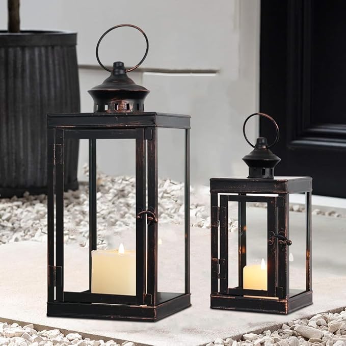 DECORKEY Large Lantern Decorative Outdoor & Indoor, Set of 2 (14’’&10’’) Metal Candle Lanterns Decor, Vintage Hanging Candle Holder for Front Porch Patio Wedding Farmhouse Home, Spring Decoration-Ruum Studio Home