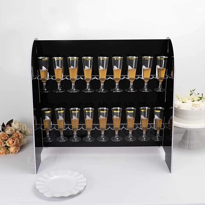 Tableclothsfactory Black Mirror Finish 2-Tier Wine Glass Stemware Rack, 18 Champagne Flute Holder Foam Board Stand - 25"-Ruum Studio Home