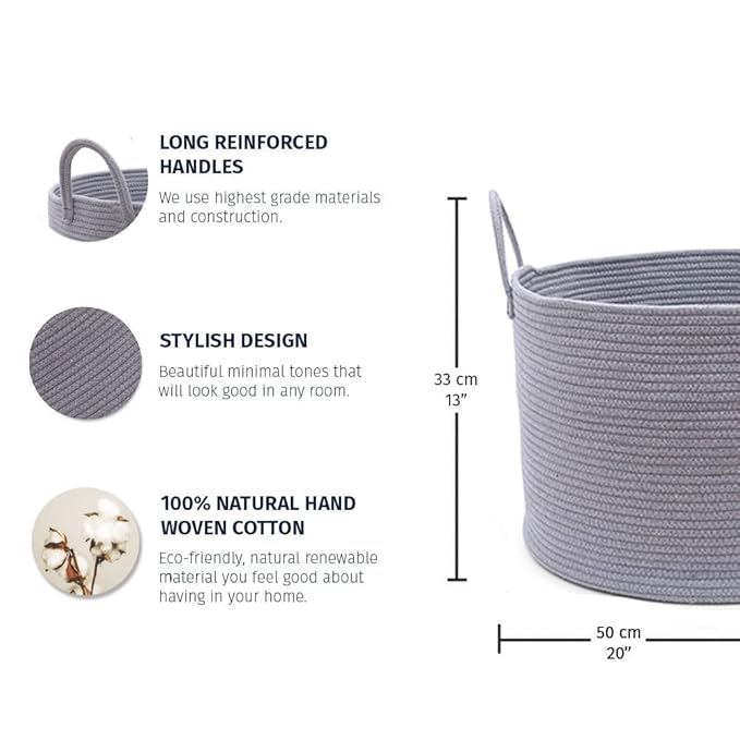 OrganiHaus Woven Laundry Basket, Large Cotton Rope Blanket Holder with Handles, Soft & Sturdy Nursery Hamper, Decorative Toy Bin for Living Room Organization 20x13 inches - Gray-Ruum Studio Home
