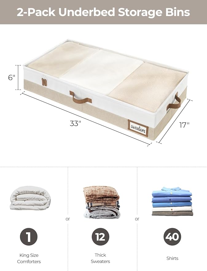 StorageWorks Large Under Bed Storage Containers with Handles and Label Holder, 2 Pack Ultra-thick Fabric Underbed Bins, Closet Organizer for Clothes, Blankets, Sweater-Ruum Studio Home