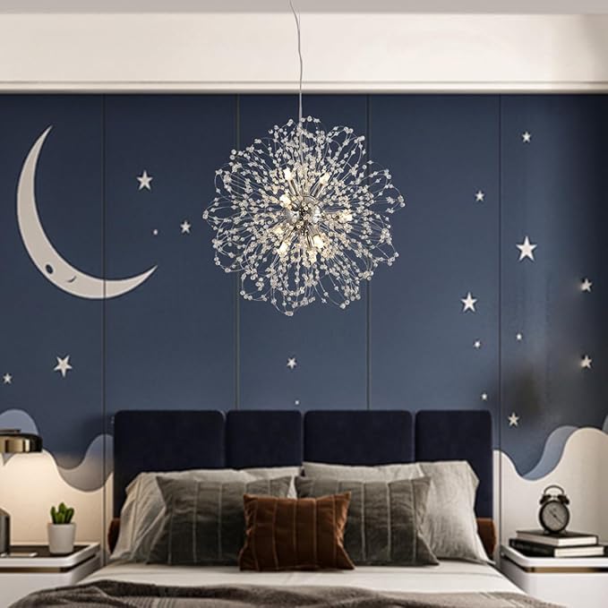 Sputnik Crystal Chandelier, Modern Beaded Ceiling Lamp with Chrome, Round Dandelion Pendant Light Fixtures for Living Room Bedroom Dining Room Farmhouse Kitchen Island (Chrome 9Lights)-Ruum Studio Home