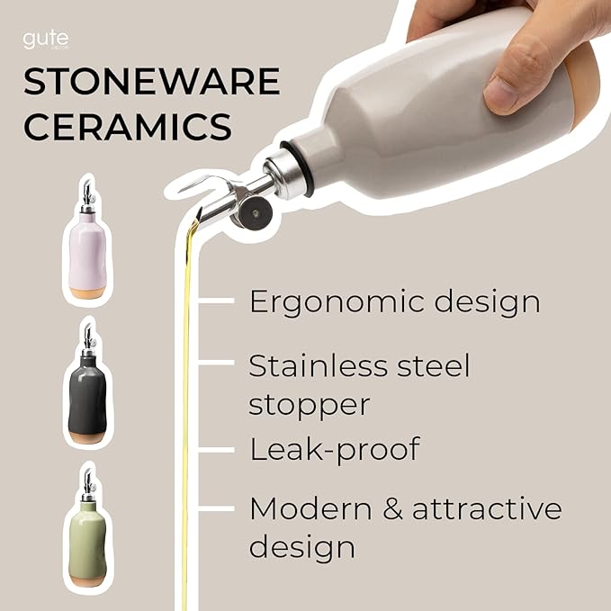 Olive Oil Dispenser Bottle Stoneware Ceramic, Cruet Protects to Reduce Oxidation, Suitable For Storage Of Oil, Vinegar, Coffee Syrups & Other Liquids - Stainless Steel Spout 14Oz-Ruum Studio Home