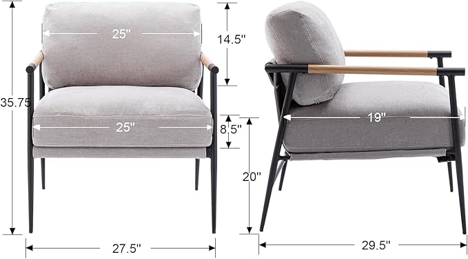Mid-Century Accent Chair, Soft Armchair Chenille Fabric Lounge Chair with Black Metal Legs, Upholstered Leisure Chair for Living Room Bedroom Reception Room, 1PC, Grey-Ruum Studio Home