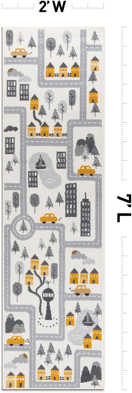 Rugshop Kids Play Road Rug for Playroom,Kidsoom,Nursery Room Interactive Cityscape for Cars and Toys Indoor Soft Runner Rug 2'x7' Cream-Ruum Studio Home