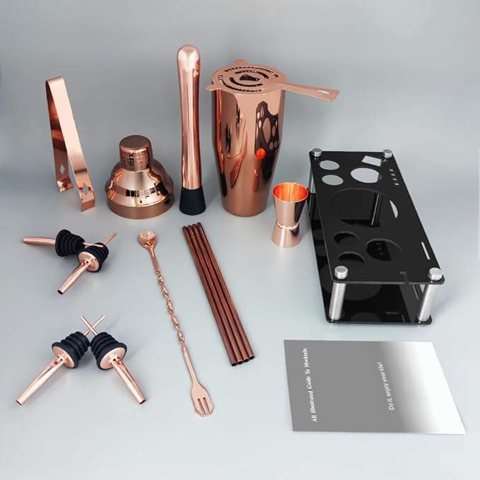 14-Piece Cocktail Shaker Set Bartender Kit with Black Stand, Bar Tool Set for Drink Mixing Bartending Kit Bar Sets Accessories: 750ml(25oz) Shaker, Jigger, Muddler, Cocktail Recipes (Rose Gold)-Ruum Studio Home