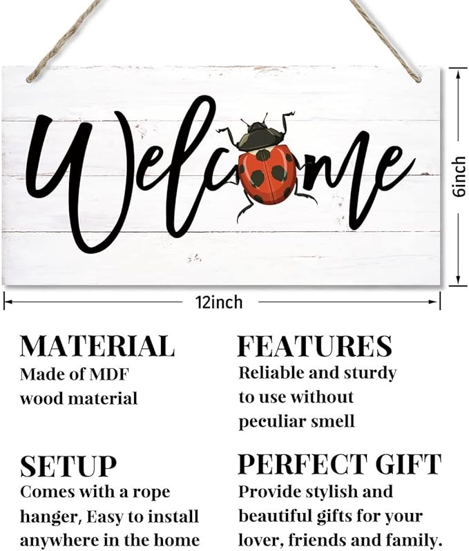 Welcome Decor Sign, Hanging Wood Sign Home Decorative, Printed Wood Wall Art Sign, Ladybug Welcome Sign, Door Sign, Front Door Wall Art Decor, Welcome Sign for Home Farmhouse Yard Garden 12 * 6inch-Ruum Studio Home