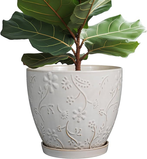 10 Inch Plant Pot Ceramic Planter Pot with Drainage Hole and Saucer Round Planter Large Flower Pot for Indoor Outdoor Plants Home Garden Decor White-Ruum Studio Home