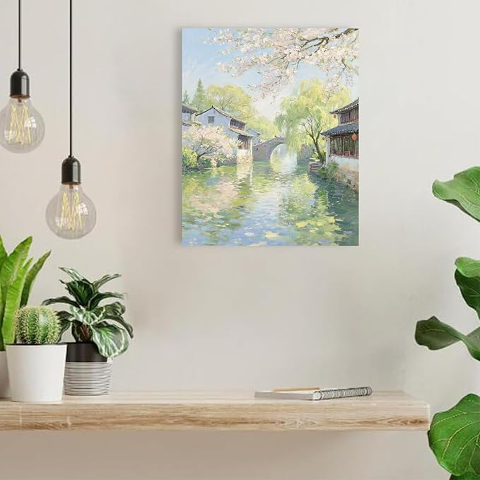 Small bridge stream house Jiangnan style landscape poster suitable for living room bedroom office natural oil painting poster-Ruum Studio Home