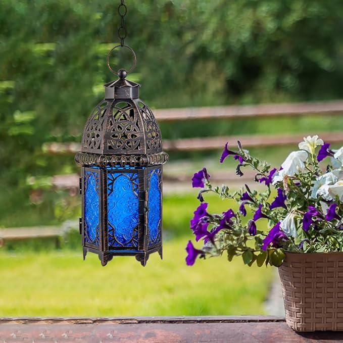 NEEDOMO Hanging Moroccan Lantern, 12.8'' Vintage Candle Holder, Metal Lanterns Decorative Indoor Outdoor, Table, Patio, Porch, Shelf, Gothic Home Decor (Blue, Large Size)-Ruum Studio Home