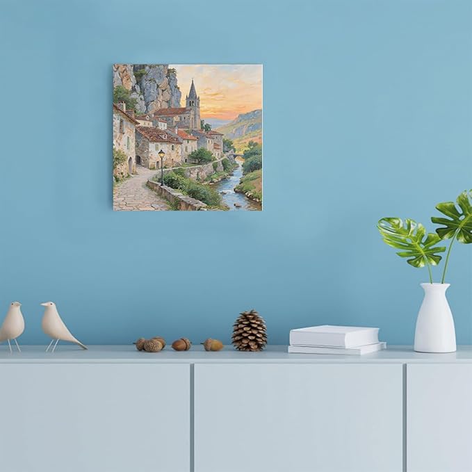 Small town scenery poster on the bank of the mountain stream is suitable for living room bedroom and office natural oil painting poster-Ruum Studio Home