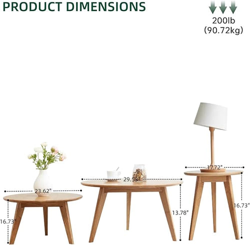 100% Solid Oak Wood Coffee Table Set, Round Coffee Table Combo Side Table w/Solid Wood Legs, Mid Century Table Sturdy Tables for Bedroom Balcony Living Room (Natural, 3 Pieces)-Ruum Studio Home