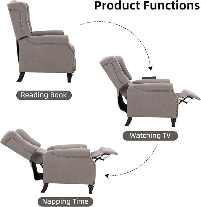 CANMOV Push Back Recliner Chair Set of 2, Modern Fabric Wingback Recliner Chair, Comfy Armchair Single Sofa Accent Chair with Padded Seat and Nailhead Trim, Tufted, Grey-Ruum Studio Home