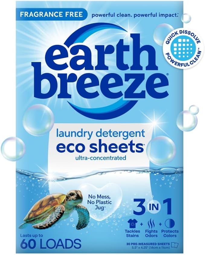 Earth Breeze Laundry Detergent Sheets Fragrance-Free - 60 Loads Eco Liquidless Soap - Travel-Friendly for Hot & Cold Cycles, Tackles Tough Stains & Odors - Gentle on Sensitive Skin, 30 Ct-Ruum Studio Home