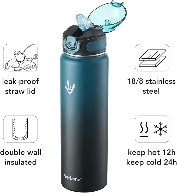 Enerbone 32 oz Insulated Water Bottle, Stainless Steel Bottle with Carrying Strap, Double-Wall Vacuum Insulation Design, Leakproof Sports Bottle with Straw, Keep Drinks Cold or Hot for Hours-Ruum Studio Home